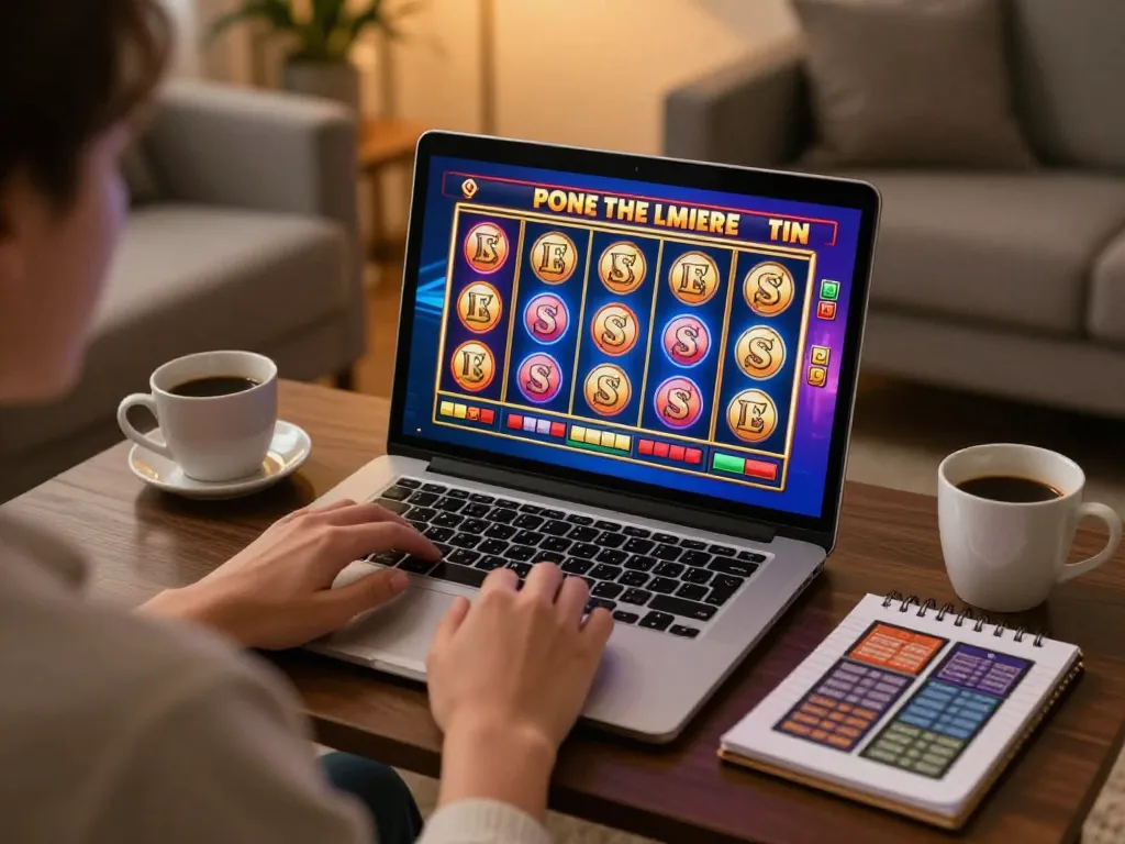 JPTOTO player enjoying live slot gaming on laptop, showcasing vibrant interface and cozy setup.