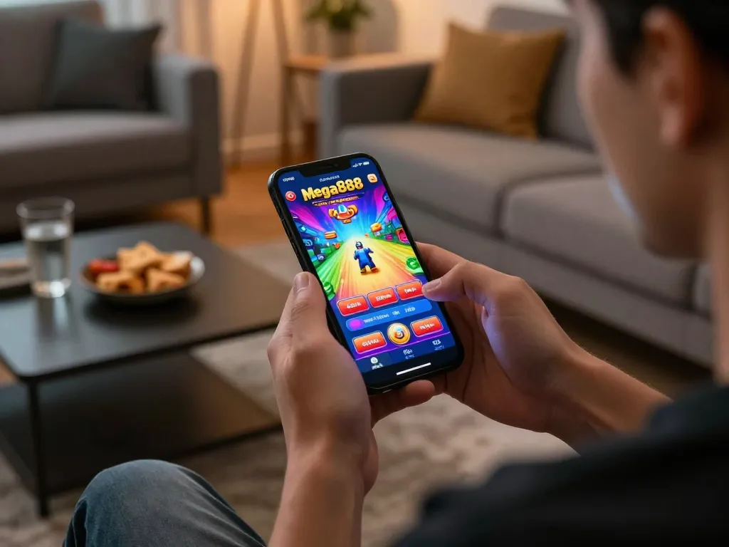 Menikmati pautan muat turun Mega888 pada telefon pintar di dalam suasana rumah yang selesa.