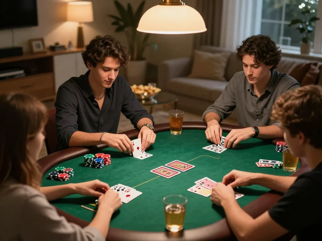 Friends enjoying a poker game night at home with TG88 poker chips and cards visible.