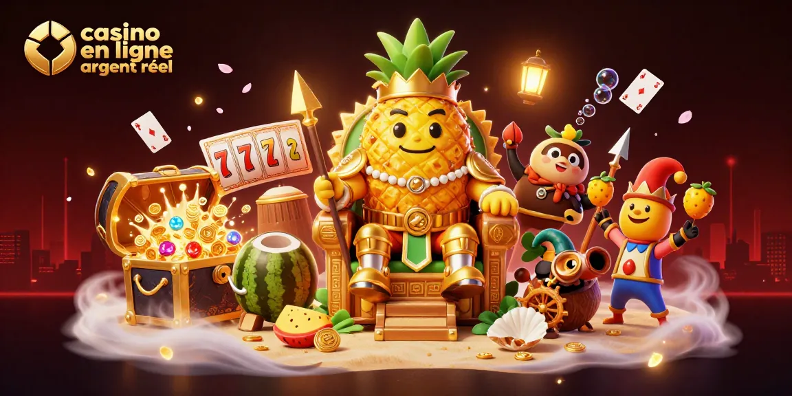 Casino en ligne argent réel avec roi ananas majestueux et gardes en noix de coco.
