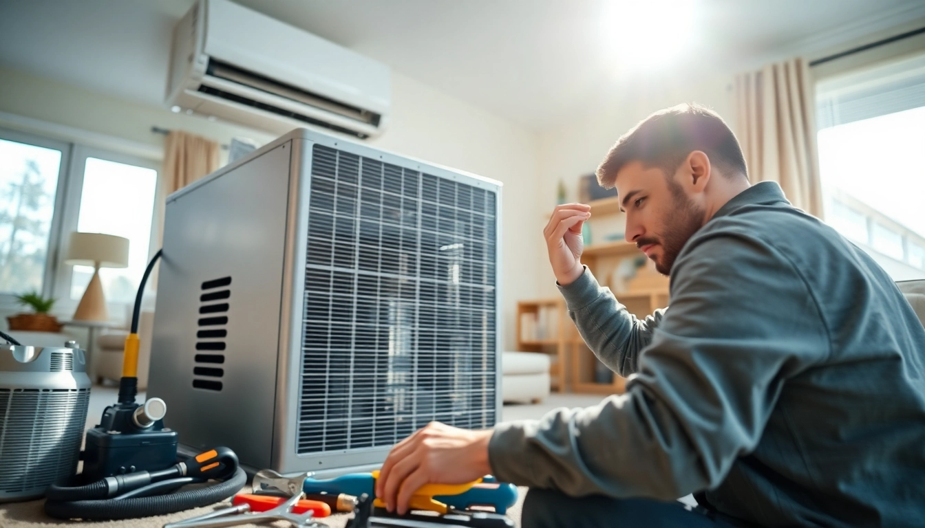 Expert technician performing emergency HVAC repair on residential unit, showcasing professionalism and efficiency.