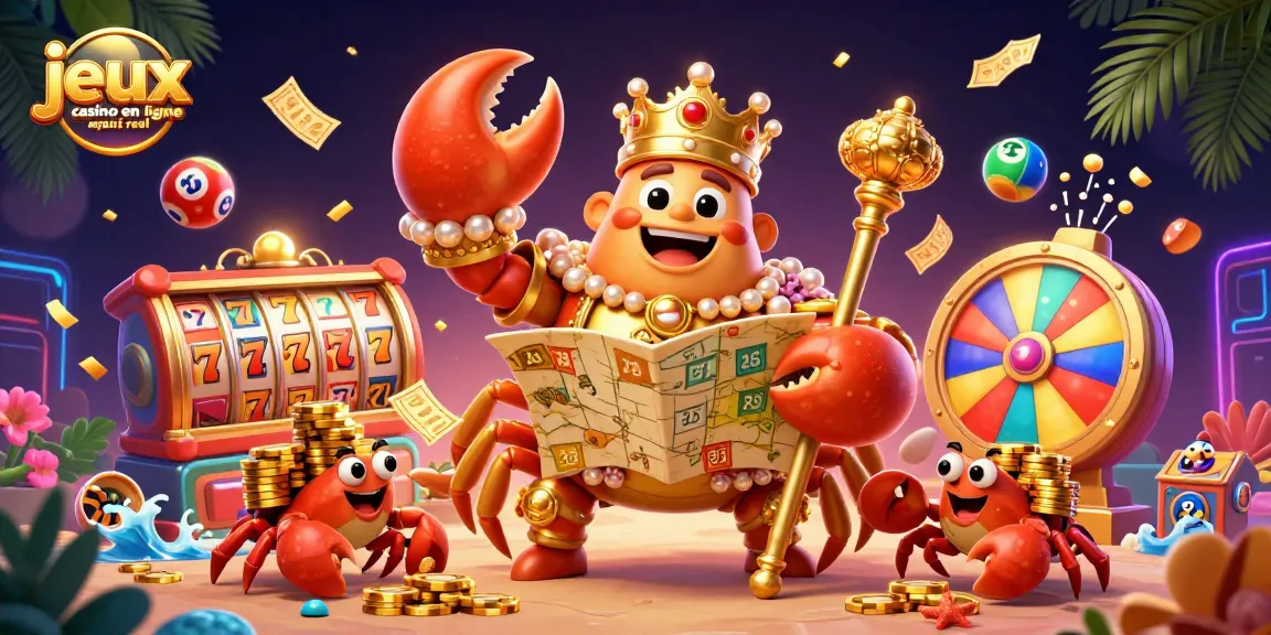 Découvrez les jeux de casino en ligne argent réel avec ce crabe en or et ses éléments colorés.