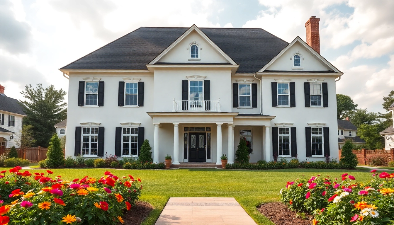 Colonial home new build construction highlighting classic architectural features and lush landscaping.