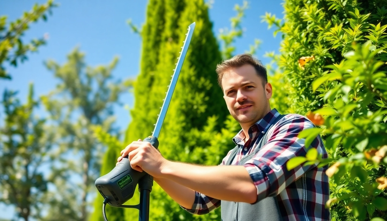 The best electric pole saw in action, effortlessly trimming trees in a sunny garden.