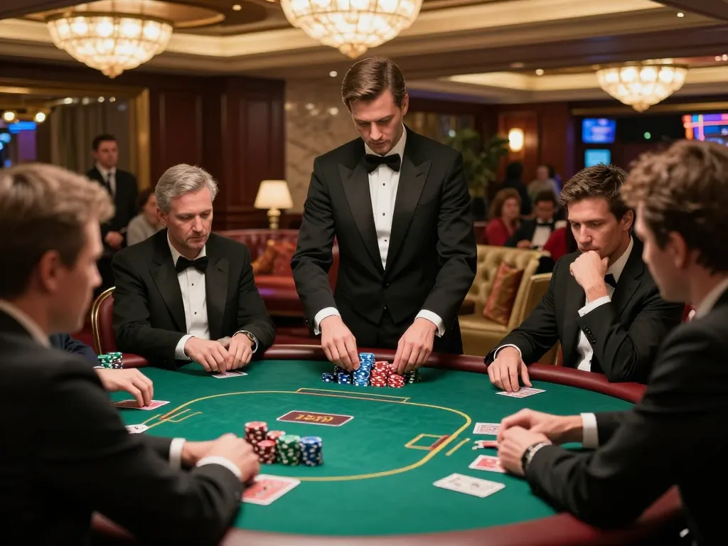 Intense poker gameplay at MB88 casino table, showcasing strategic betting and luxury ambiance.
