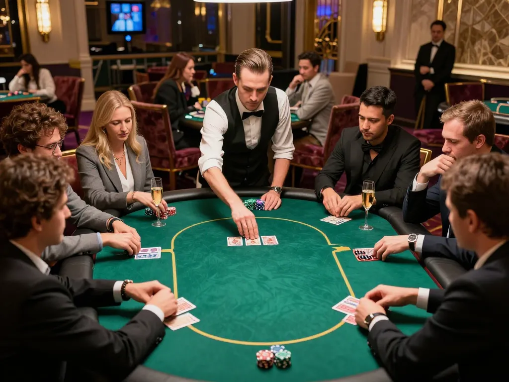 F168 poker players strategically placing bets at a high-stakes game in a luxurious casino.