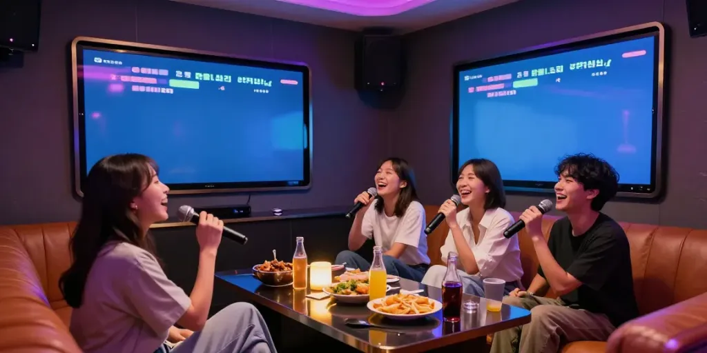 강남 도파민에서 친구들과 노래를 부르고 있는 즐거운 장면, 아늑하고 화려한 인테리어가 돋보임