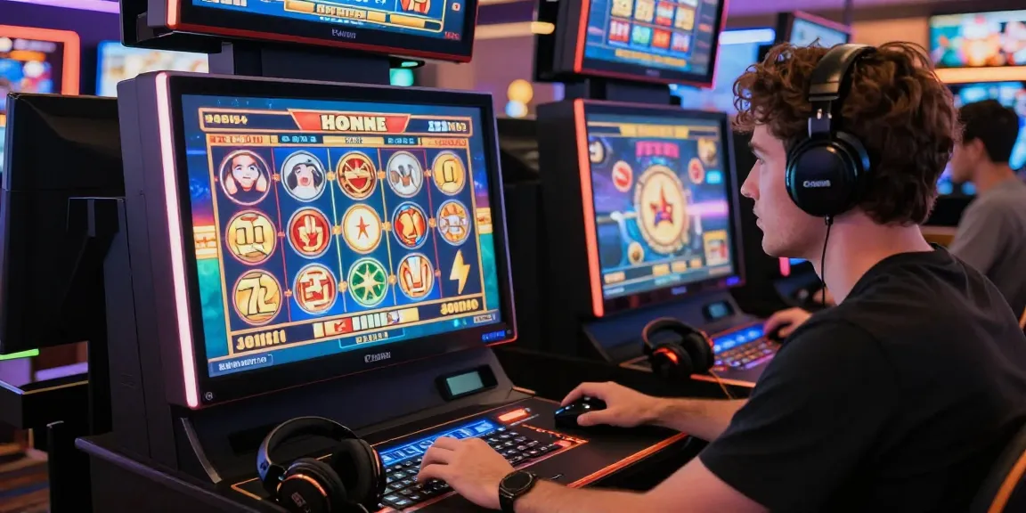 Excited player engaging with an online slot game, vibrant display and gaming accessories in a modern virtual casino.
