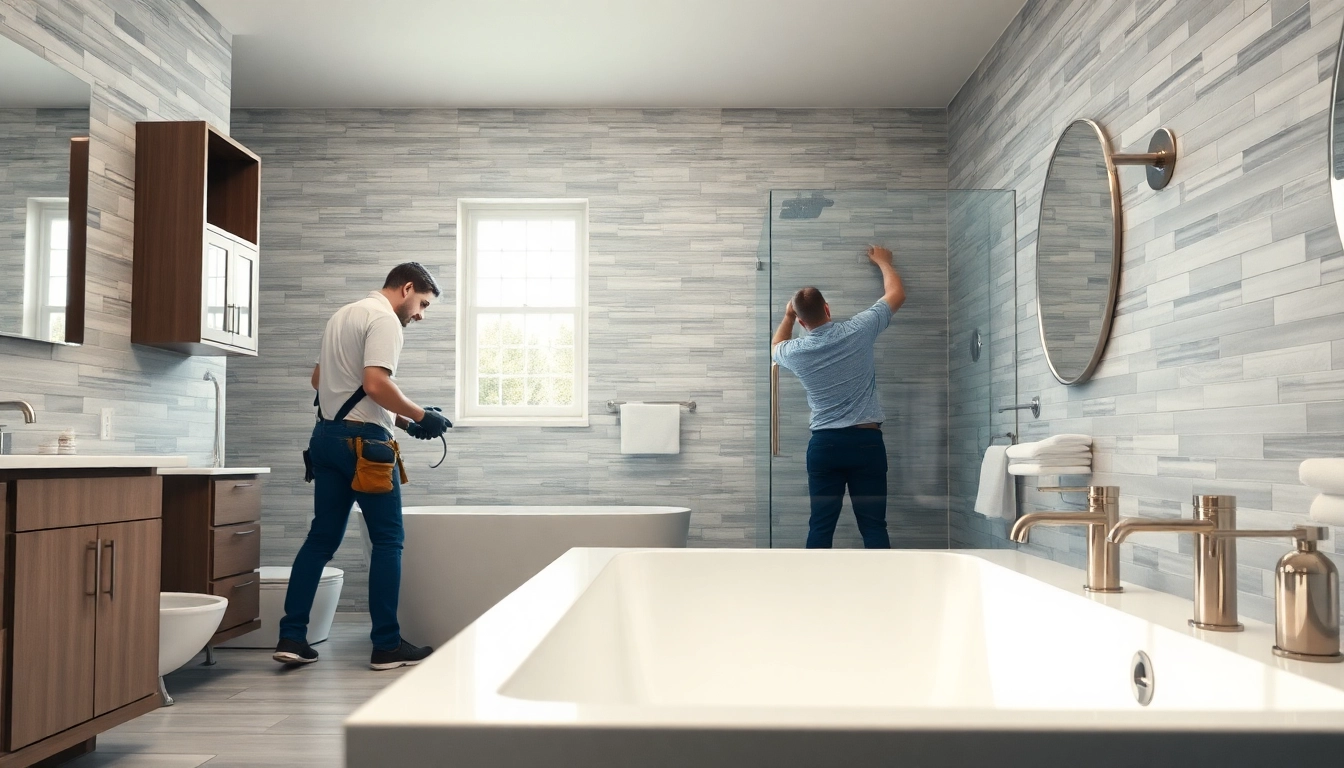 Bathroom renovation contractors near me working expertly in a modern bathroom.