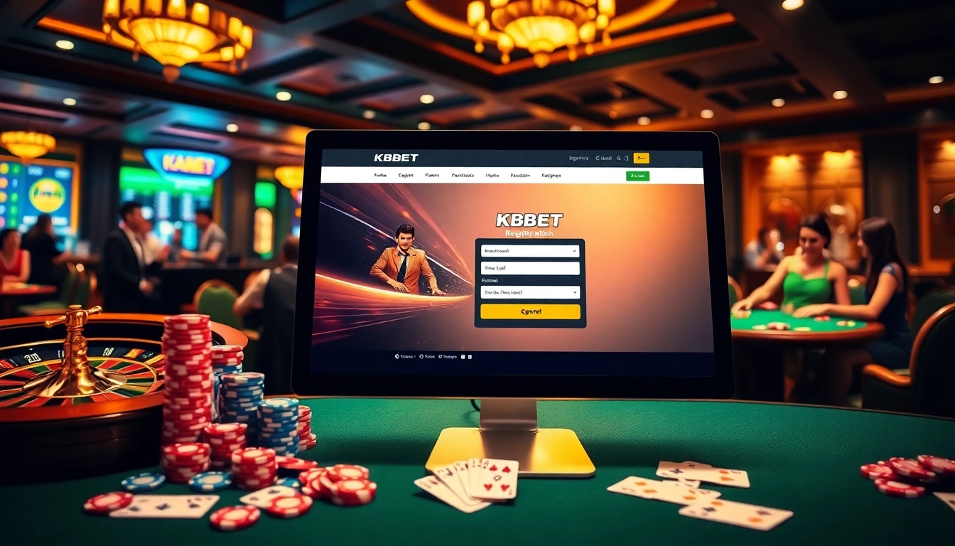 Sign up for KBBET as vibrant casino gaming unfolds around colorful chips and cards.