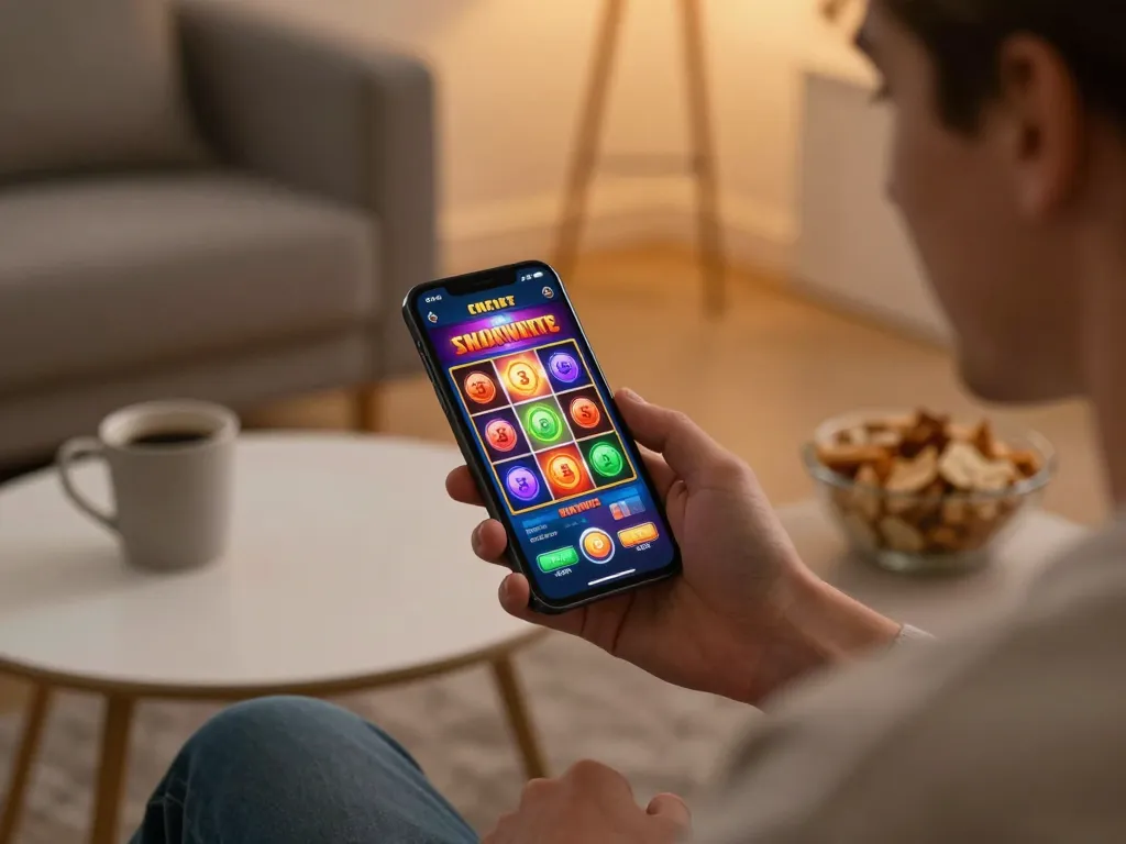 Player enjoying slot gacor action on mobile device, capturing excitement in casual home setting