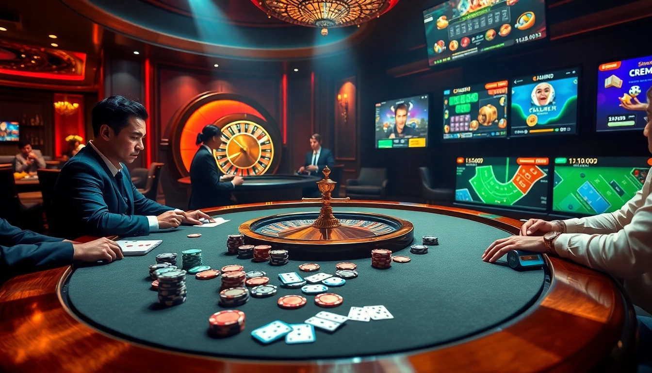 Une scène dynamique de casino en ligne avec des joueurs autour de tables de poker, utilisant des jetons colorés et des cartes, capturant le frisson et l'excitation.