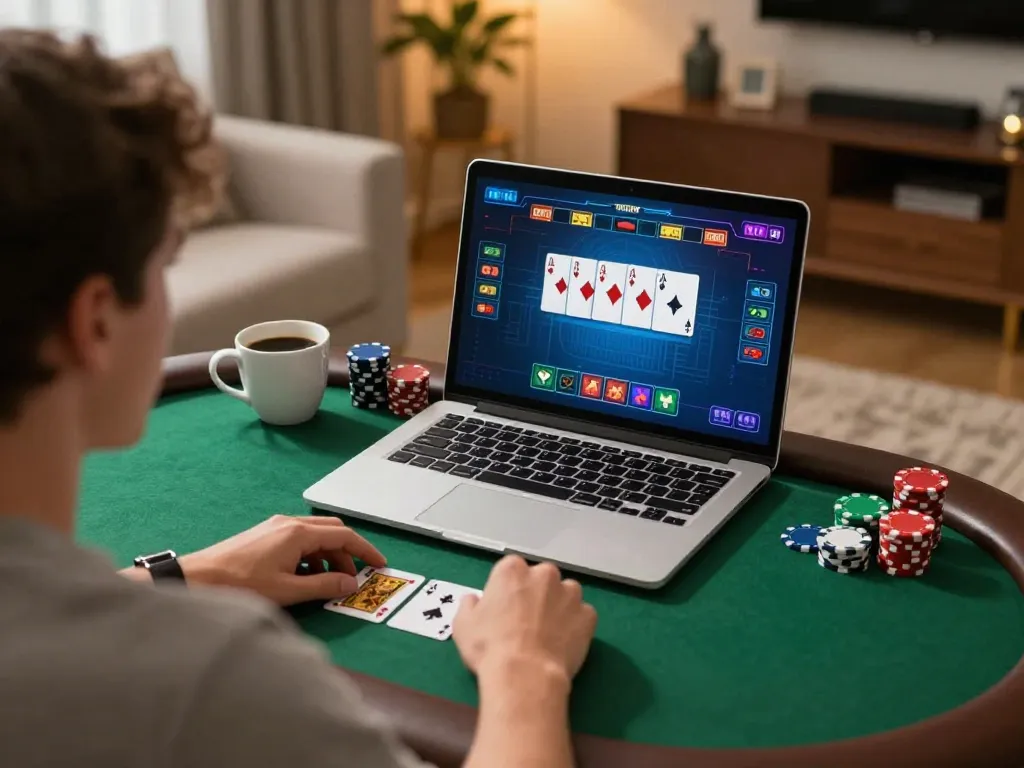 Manclub player engaged in a thrilling online poker game from home.