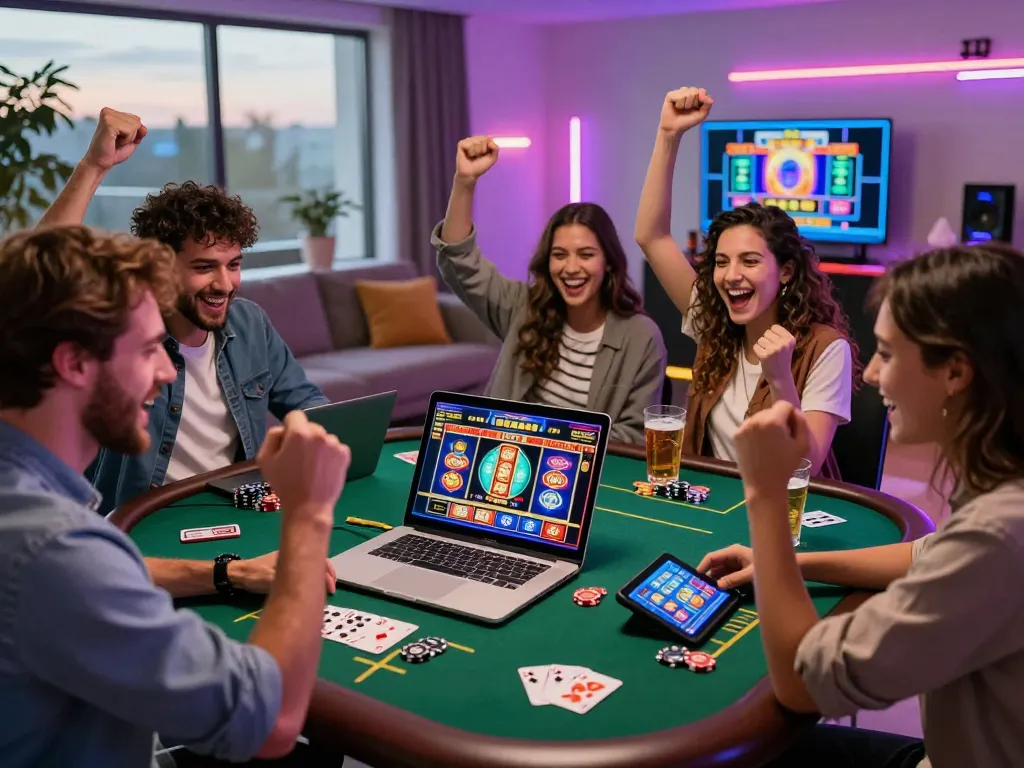 Friends enjoying online gambling at home with ligasedayu gaming on laptop and vibrant atmosphere.
