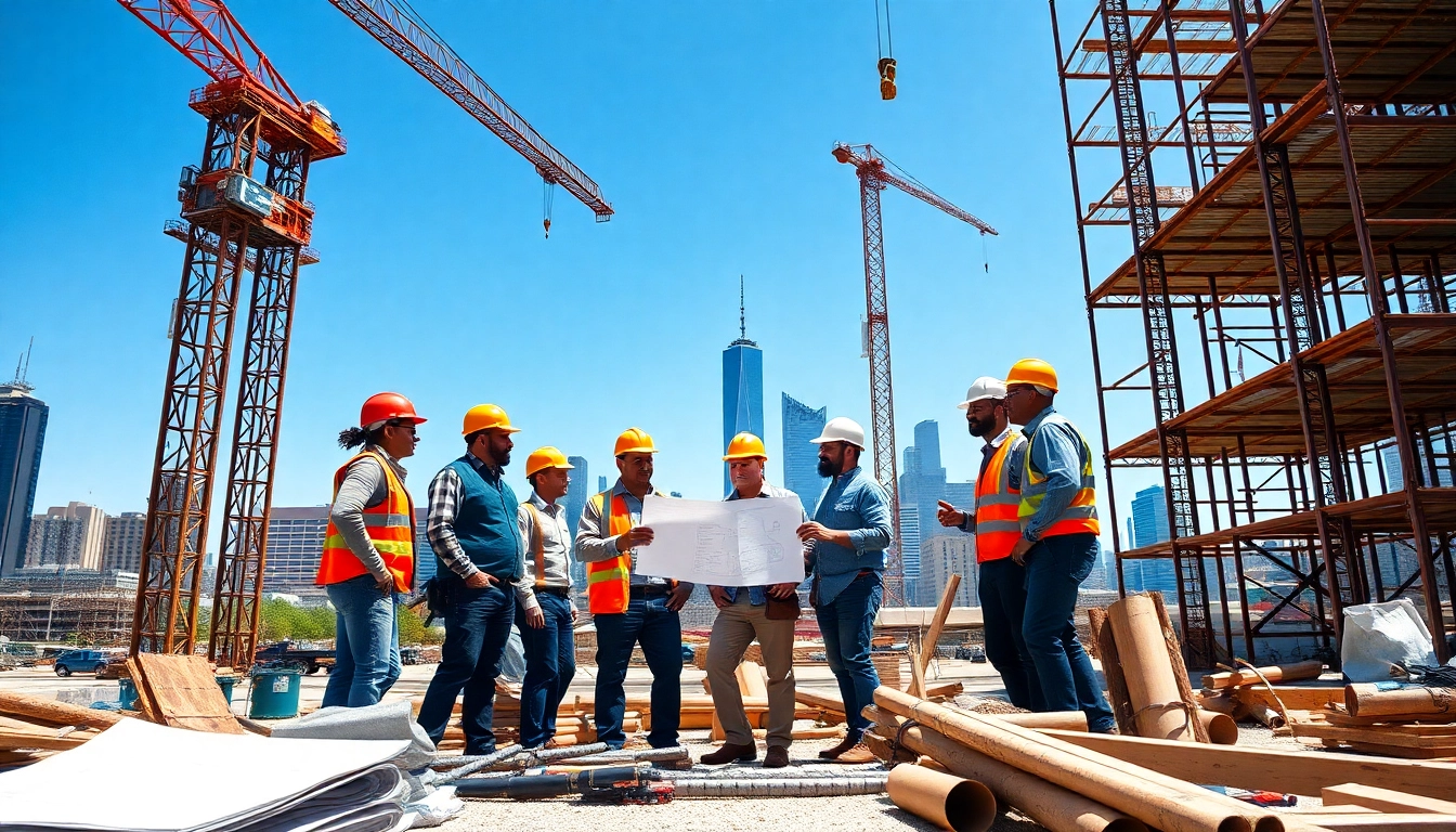 Action-focused scene of New York Commercial General Contractor team collaborating on a construction project.