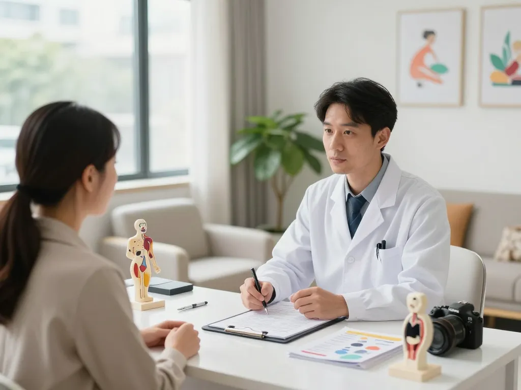 明るく歓迎されるクリニックでの思いやりのある医師と患者の相談を示すMSクリニックの口コミレビュー