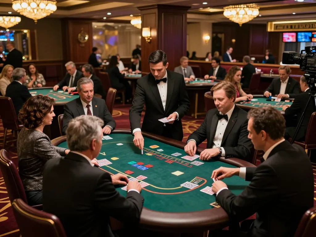 Engaged players at 888vnd.bid's elegant blackjack tables strategizing their bets in a vibrant casino atmosphere.