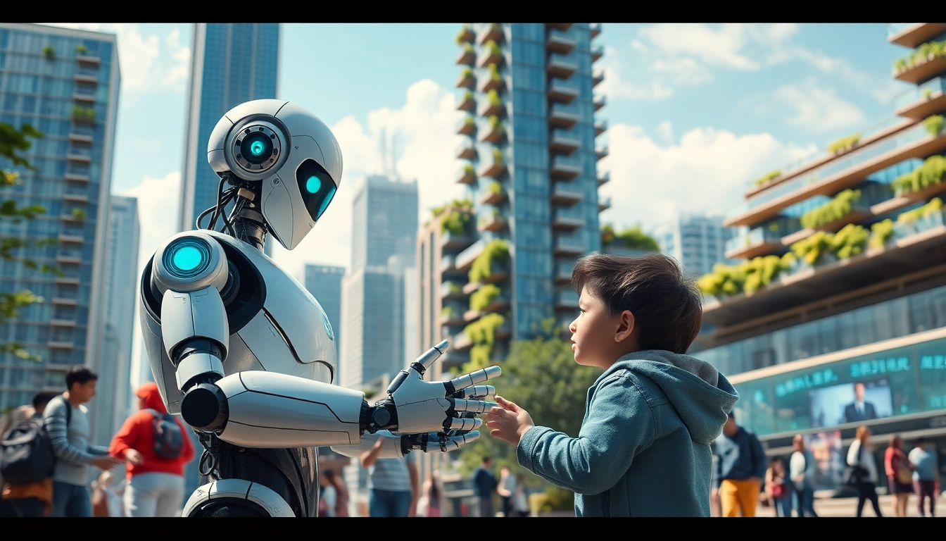 Technology robots interact in a vibrant cityscape, showcasing innovation and modernity.