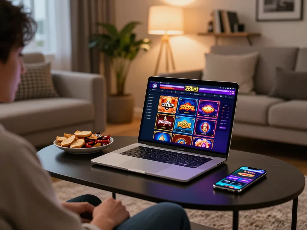 Engaging online gambling scene with 28bet interface on laptop, showcasing a cozy and responsible home gaming atmosphere
