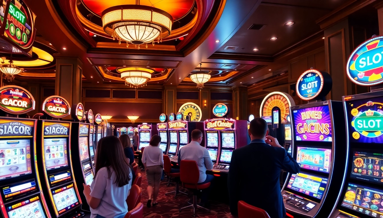 Players enjoying various slot gacor machines in a luxurious casino atmosphere.