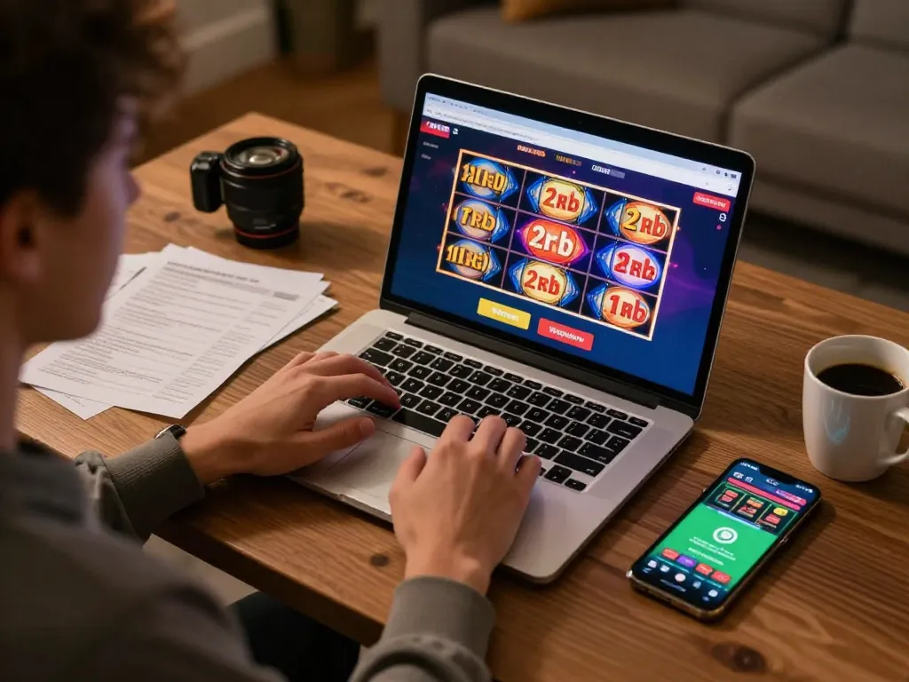 Engaging with online slot deposit 2rb gameplay on laptop, strategic betting notes visible, immersive home gaming atmosphere.