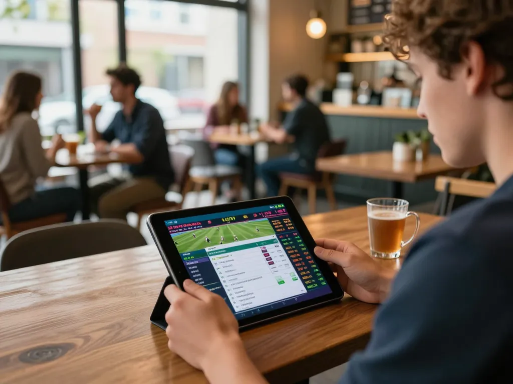 Person placing bets on ho88 sports app during live match in a cozy coffee shop.