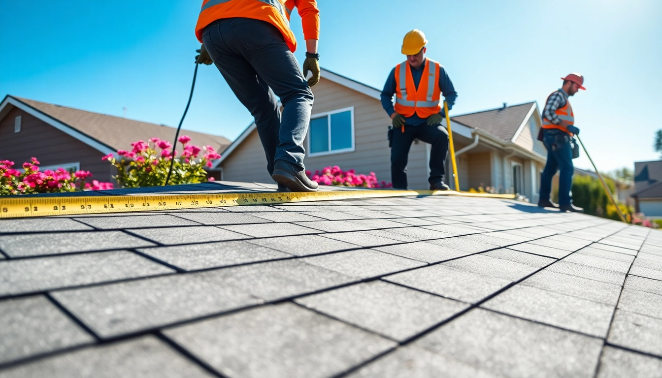 Professional roofing services team meticulously inspecting a residential roof under bright sunlight.