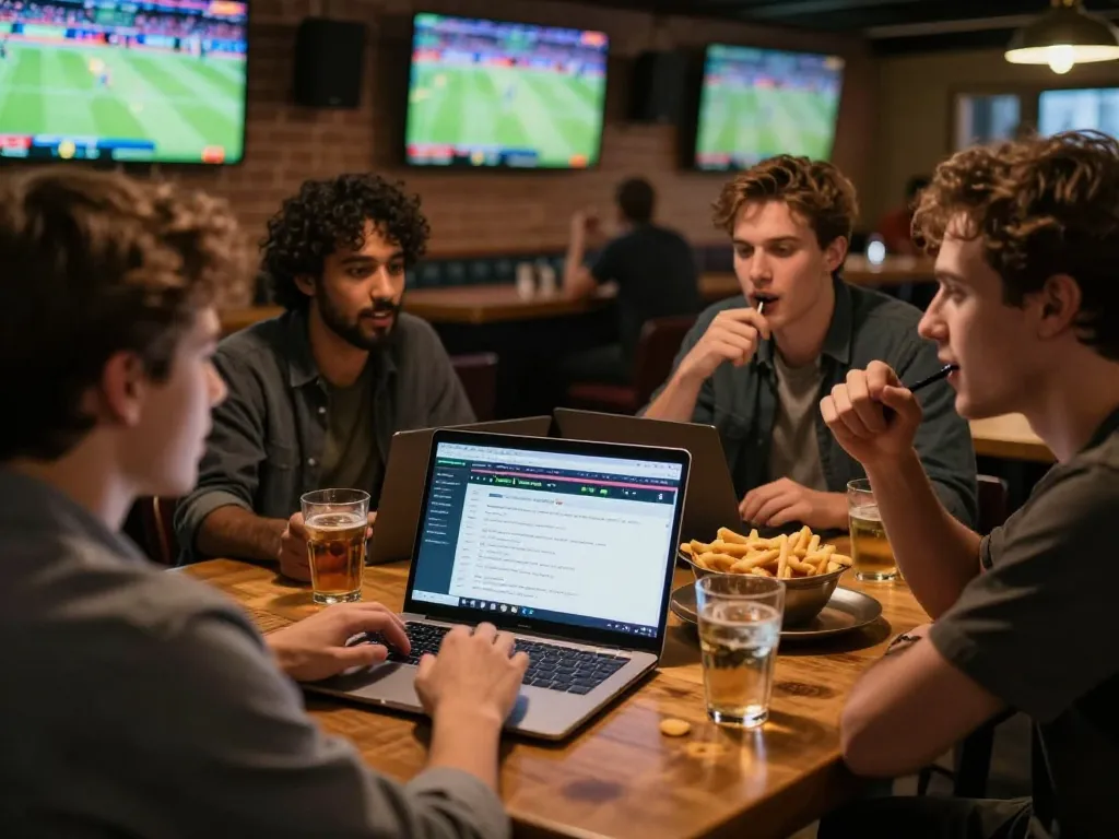 Cakhiatv user enjoying live sports betting experience at a lively sports bar with friends.