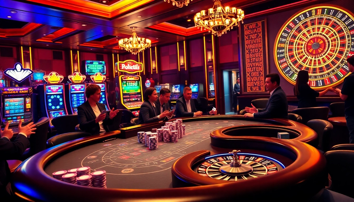 Excited players managing their bankroll with poker chips at a hidden wiki-themed casino table.