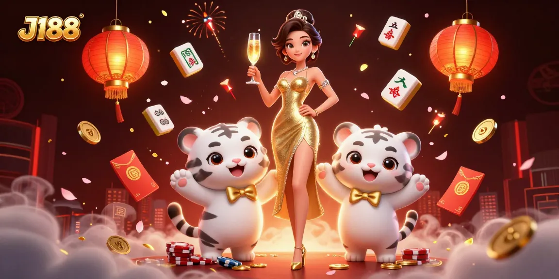 Engage with J188's thrilling atmosphere featuring a glamorous character and a lucky tiger, perfect for casino excitement.