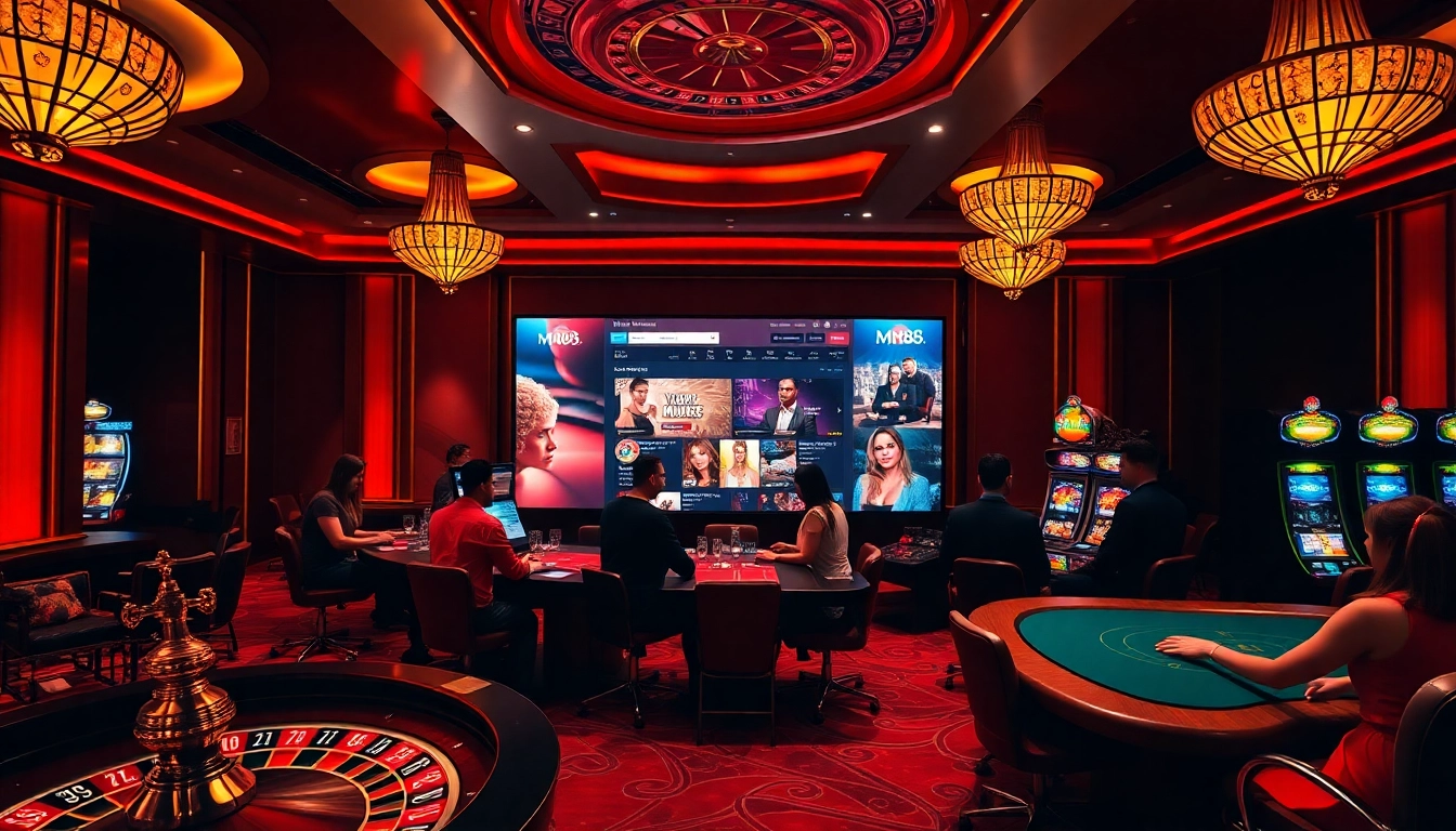 Experience thrilling gameplay at https://mm88.today/ with a luxurious casino scene showcasing exciting roulette and poker.