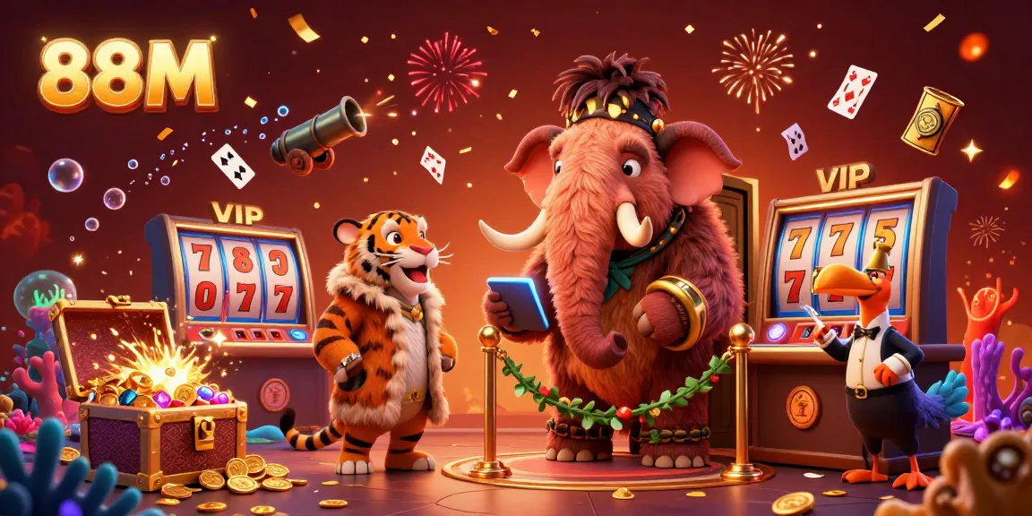 Experience the 88M casino scene with characters celebrating and winning amidst dynamic slot elements and treasures.
