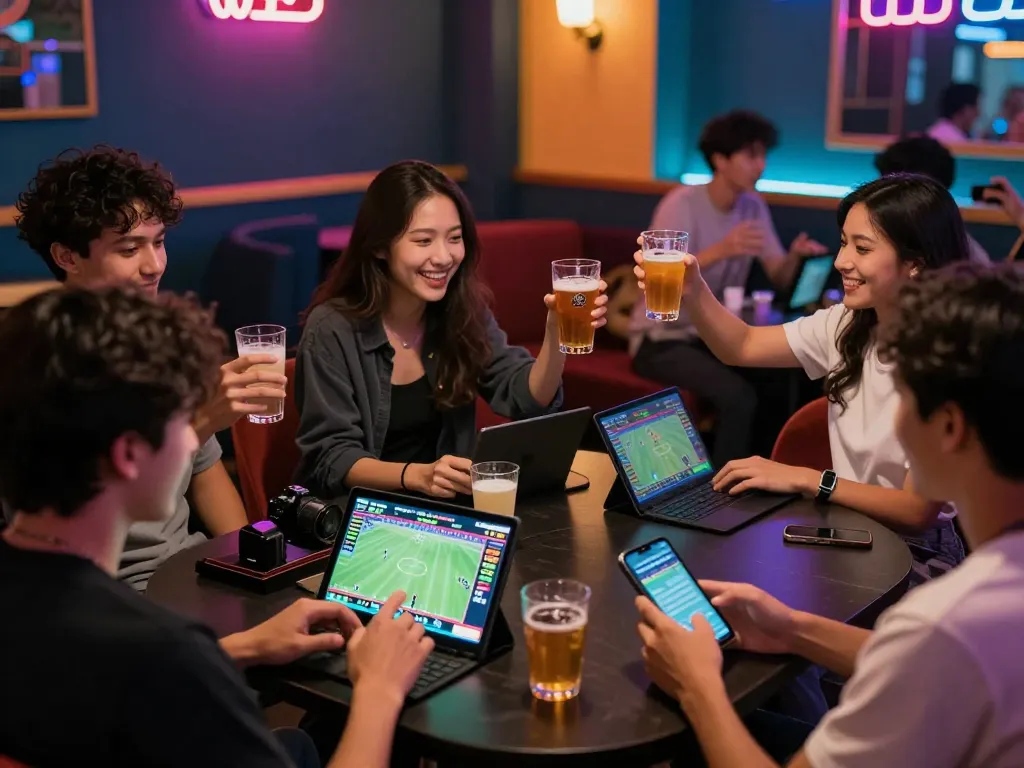 Fabet users celebrate wins while placing sports bets on mobile apps in a lively lounge atmosphere.