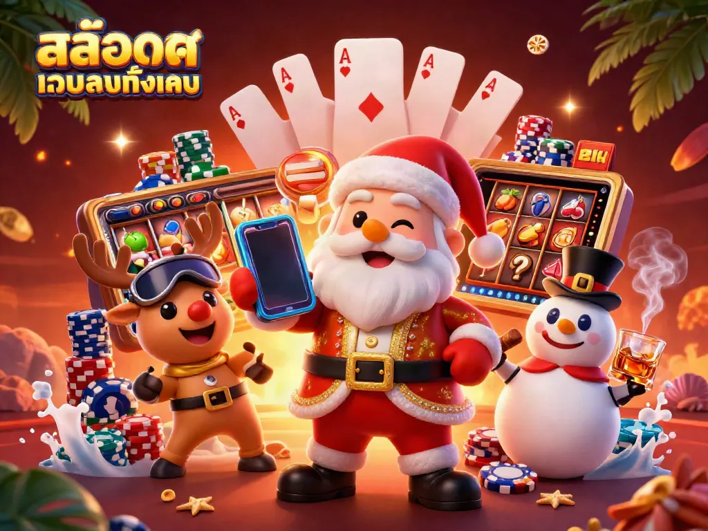Engage with สล็อตเว็บตรงทั้งหมด in an exciting 3D casino scene showcasing Santa Claus and friends.