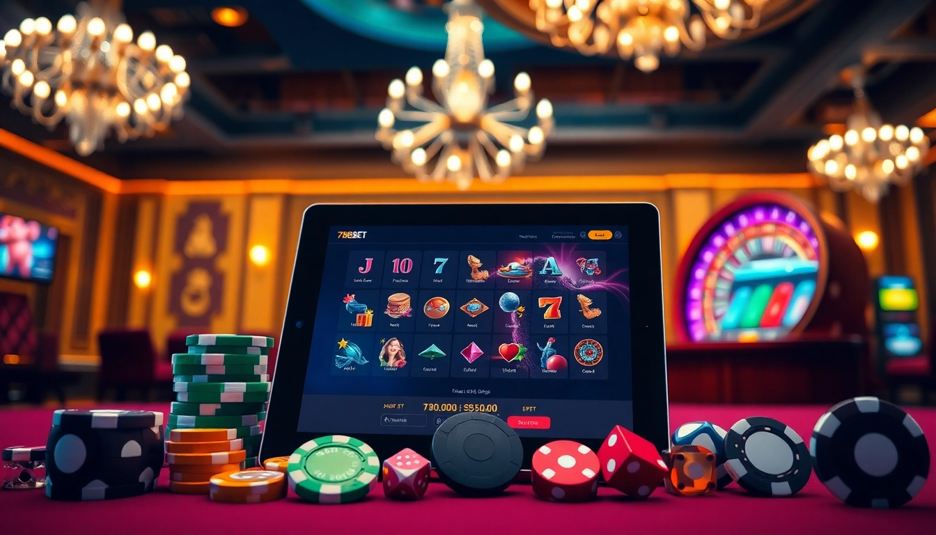 Join exciting games at 789BET with vibrant poker chips and roulette wheels in a luxurious casino.