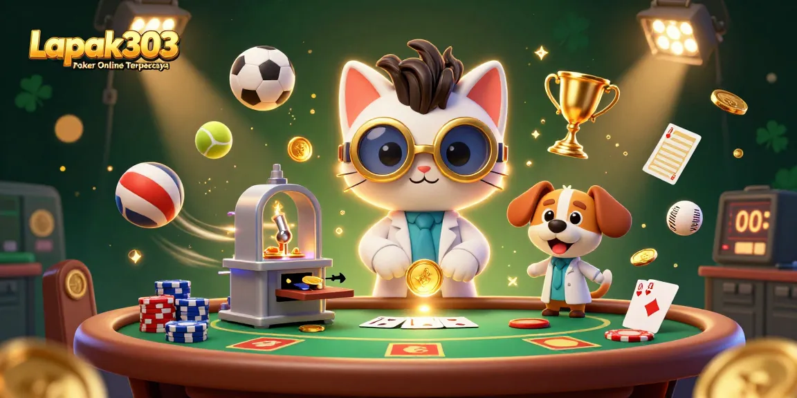 Experience the thrill of Lapak303 Poker Online Terpercaya with a mad scientist cat and dynamic game elements.