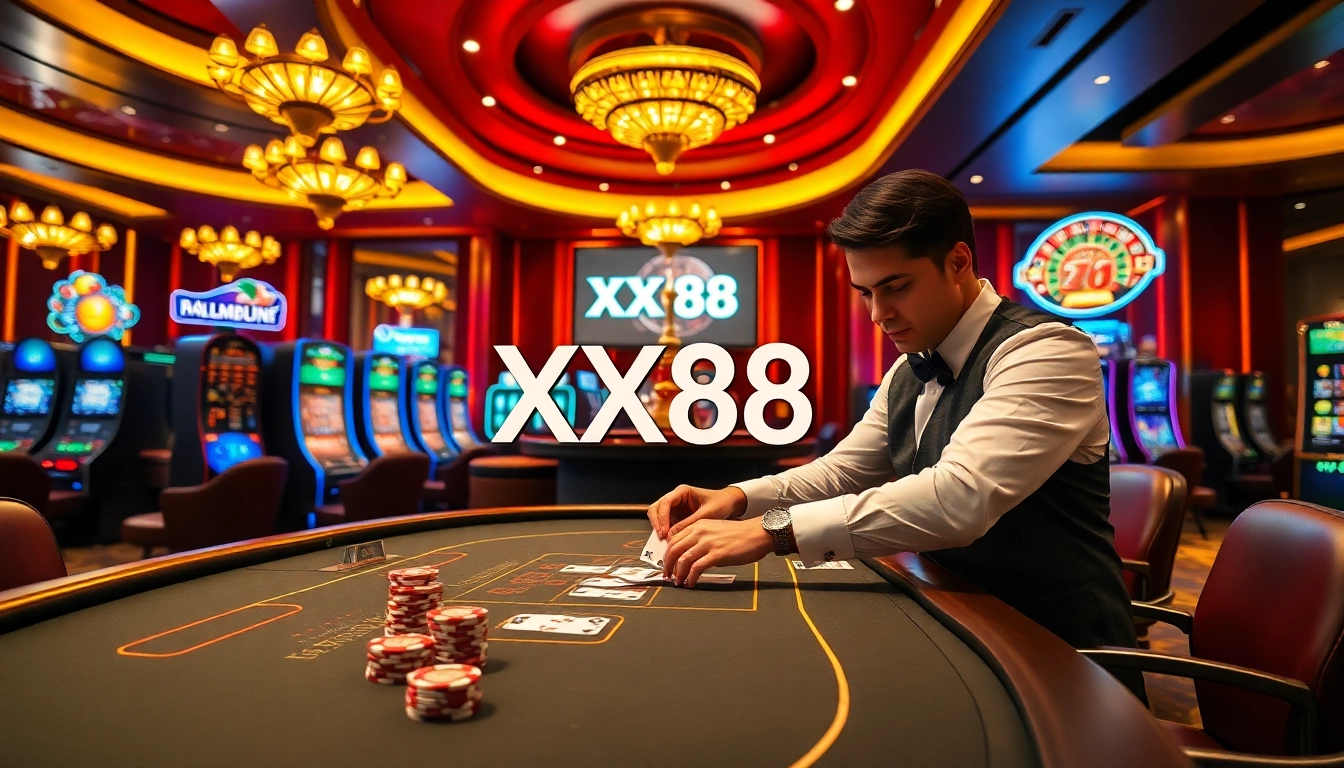 Experience the vibrant excitement of XX88 casino gaming with a dealer at a high-stakes table.