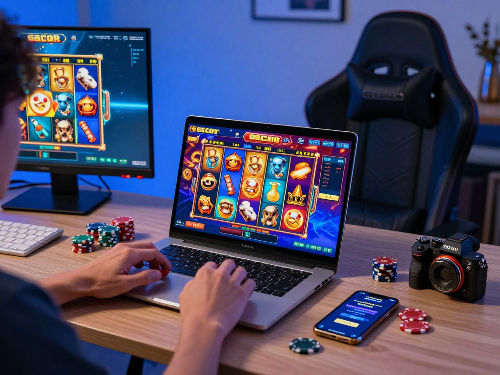 Pengguna aktif bermain slot gacor di laptop dengan dekorasi modern dan suasana dinamis.