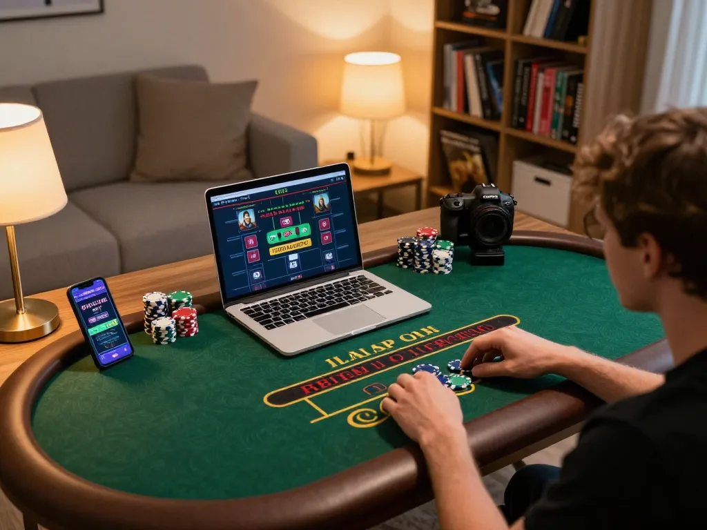 Player enjoying kkwin's online casino on laptop while following betting strategy notes.