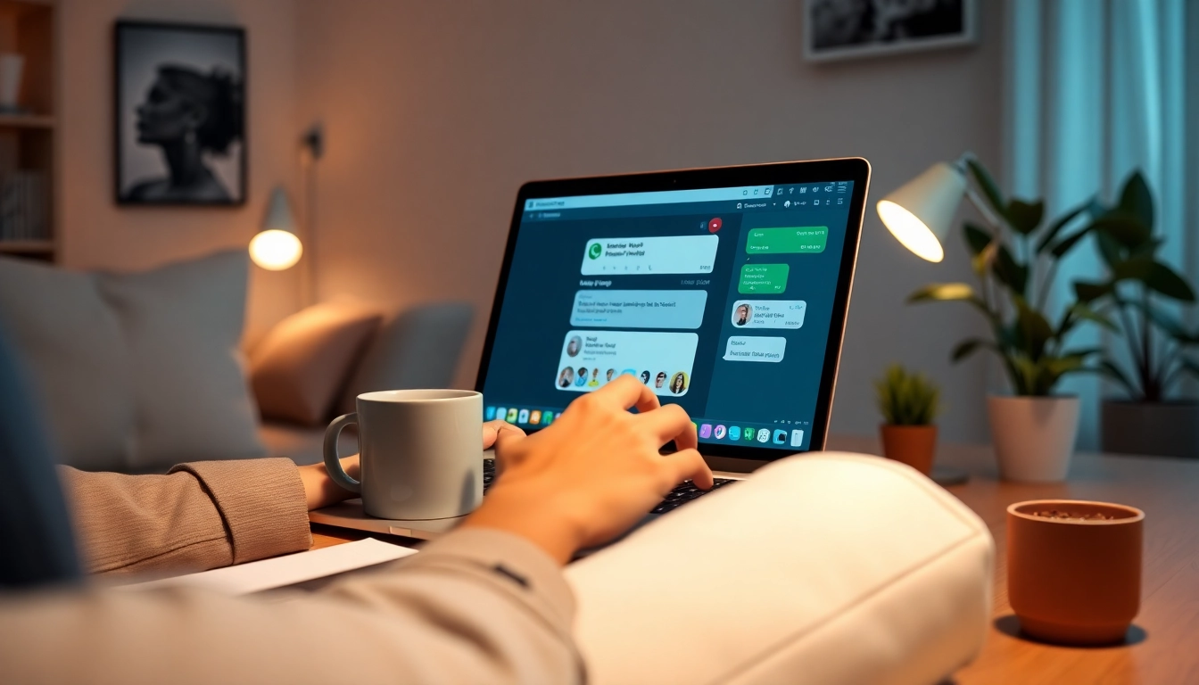 Engaging with WhatsApp Web in a cozy home office with modern decor.