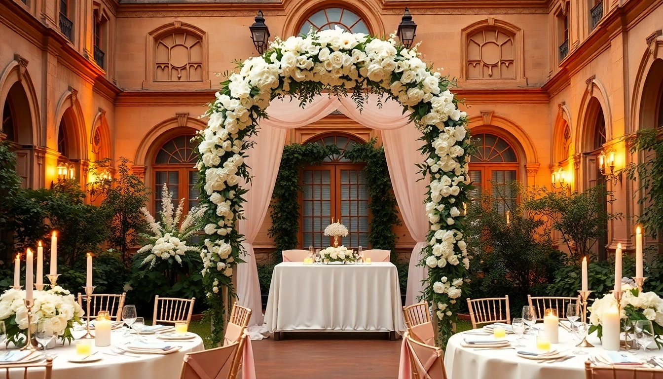 Stunning setup at Jacksonville Wedding Venue featuring an elegantly decorated arch and romantic lighting.