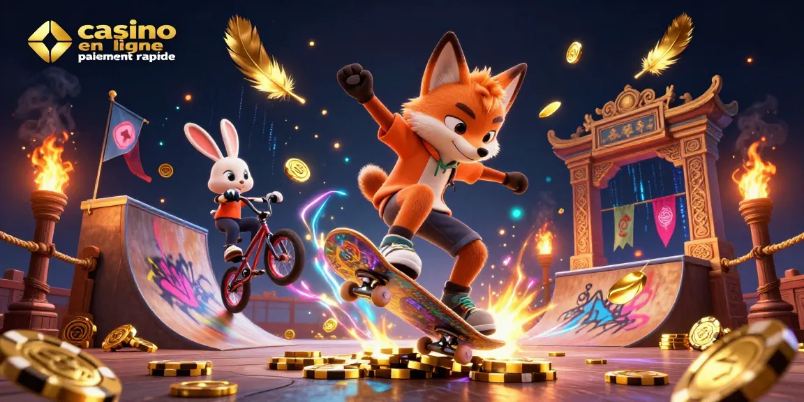 Vivez l'excitation avec casino en ligne paiement rapide, un skateur et un lapin BMX en action dans une scène de casino dynamique.