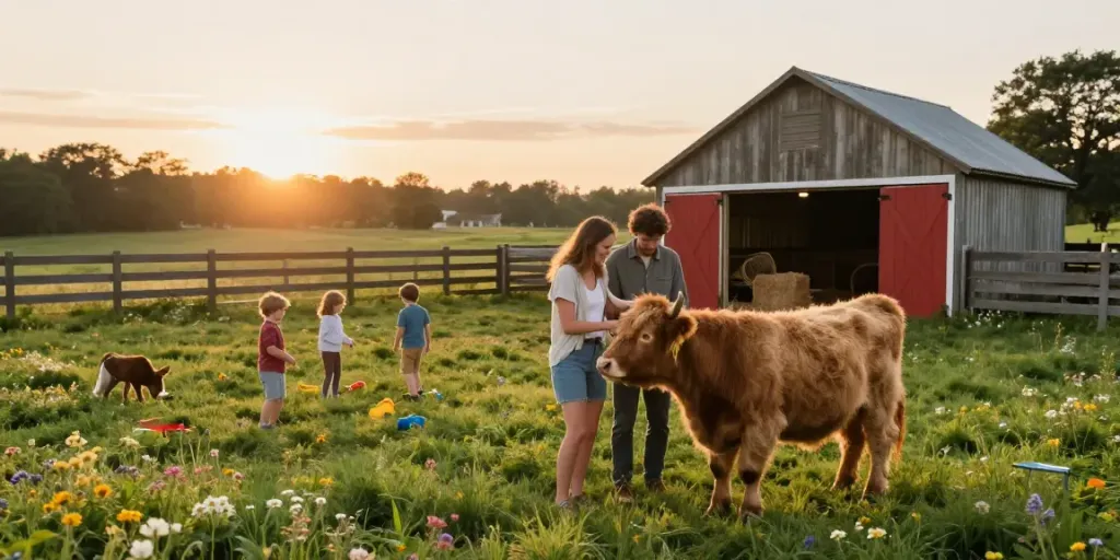 Engaging family interaction with Mini cattle on a warm farm in golden hour light.