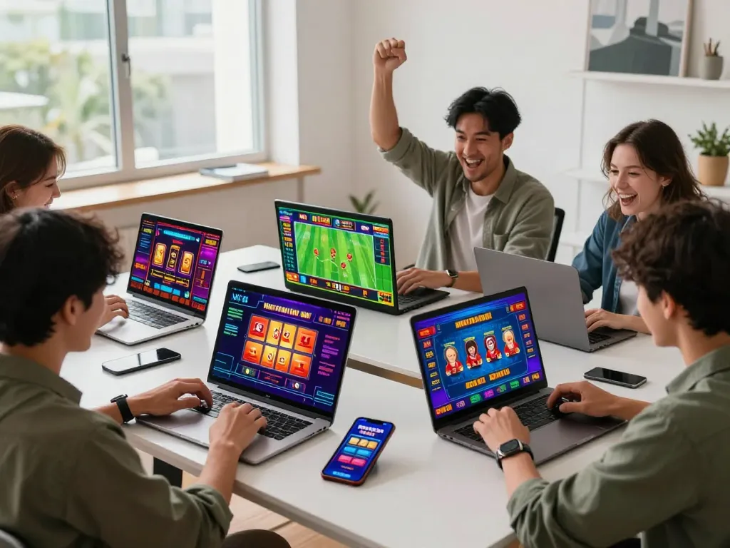 Engaged players enjoying Nhà Cái W88 in a vibrant home office setting with sports and casino elements.