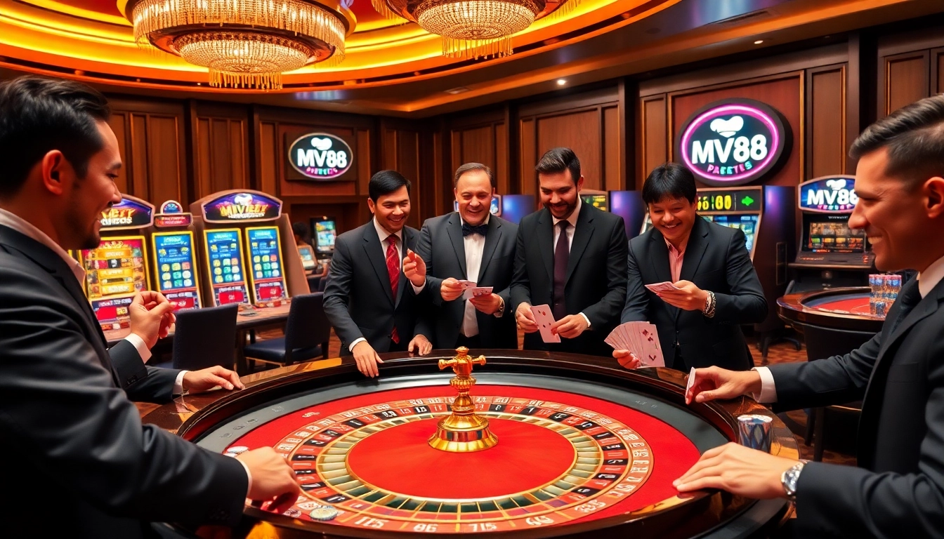 Exciting casino action at MV88 with players gathered around roulette and poker tables.