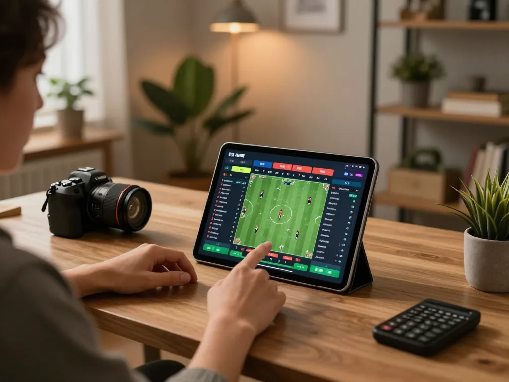 Engaging in kèo nhà cái sports betting on a tablet at home, showcasing a cozy gaming setup