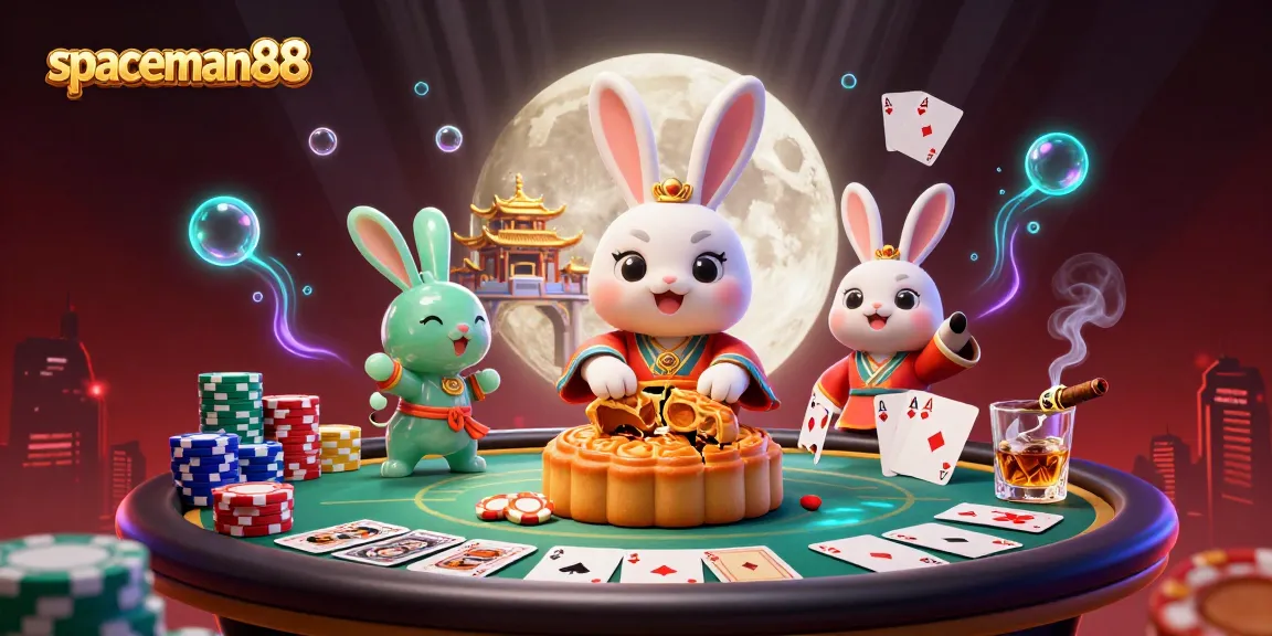 Spin to win at spaceman88 with the enchanting moon rabbit and poker chips on lunar landscape.