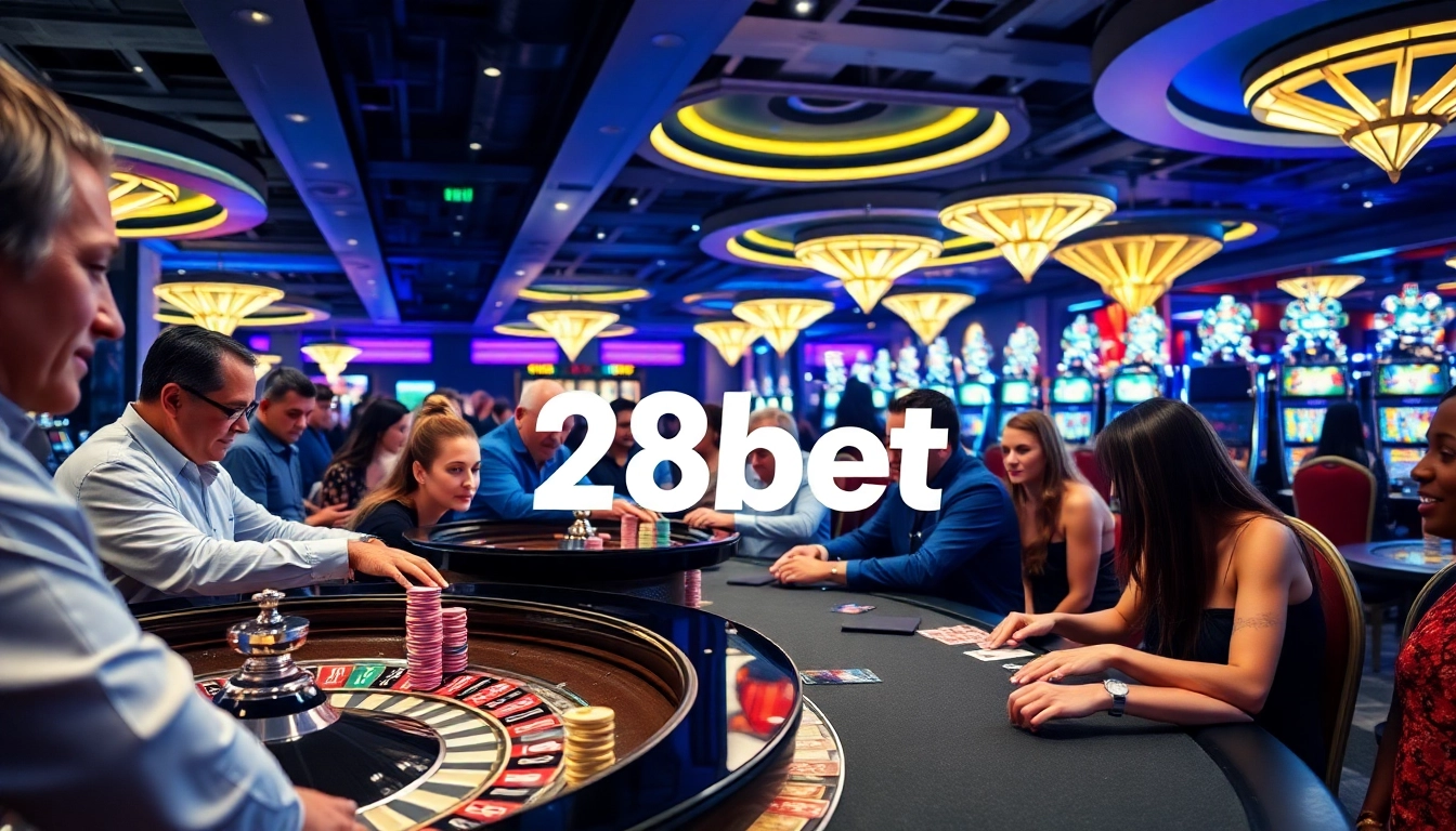 Players enjoying a thrilling round at the 28bet casino, surrounded by vibrant gaming tables and chips.