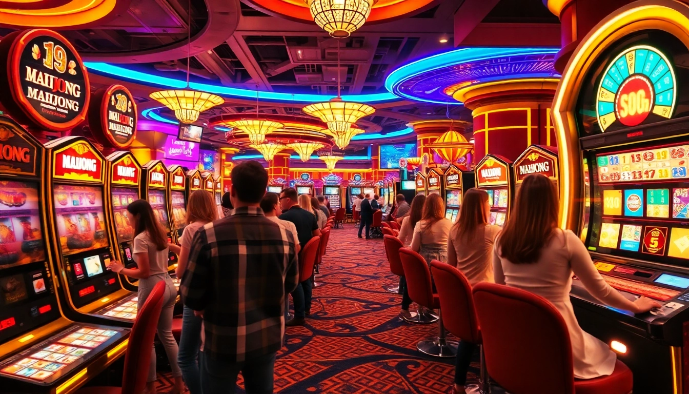 Experience the excitement of a mahjong slot demo on a lively casino floor filled with players and vibrant lights.