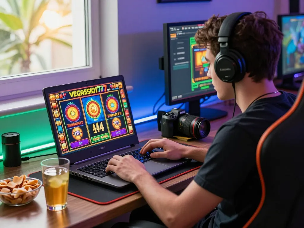 Engaging online gaming atmosphere at vegasslot77.com with a player enjoying vibrant slot game graphics.